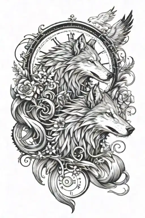 I need a tattoo design with Wolf, Phenix bird, travel, time together tattoo design idea