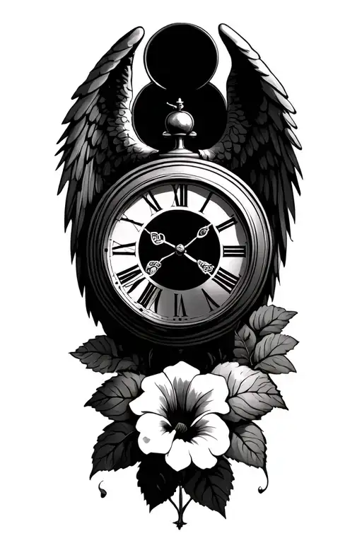 Morning Glory, Clock with Roman Numerals, Angel Wings tattoo design idea