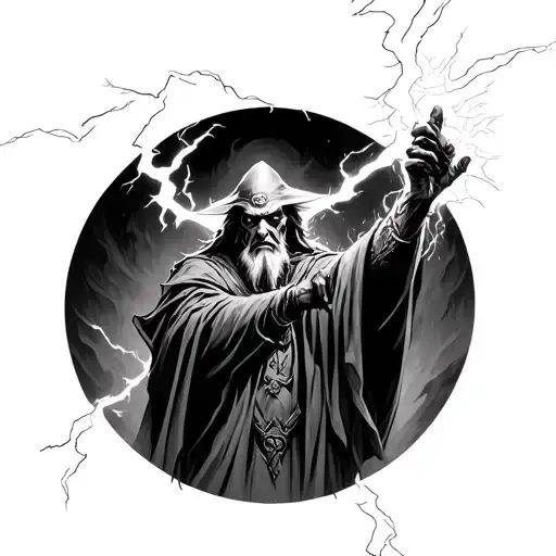 Dark fantasy evil wizard casting a lightning spell tattoo design idea