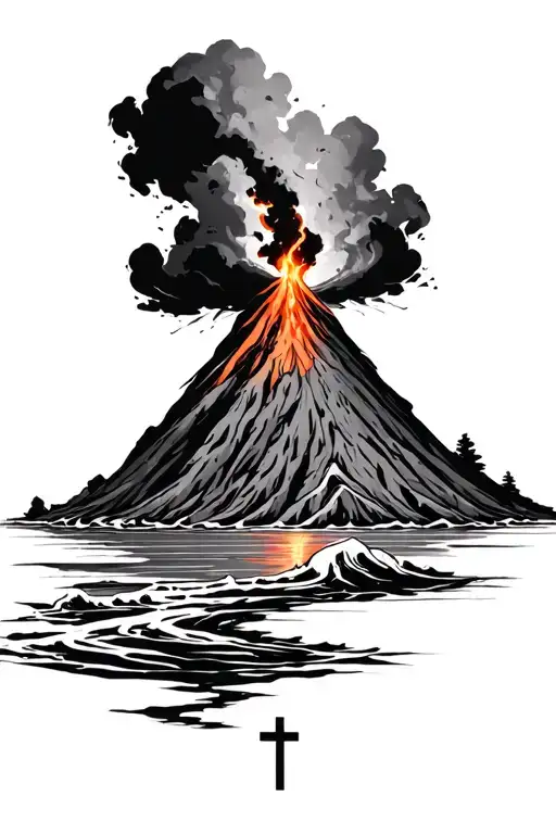 Christian, water, volcano with lava tattoo design idea