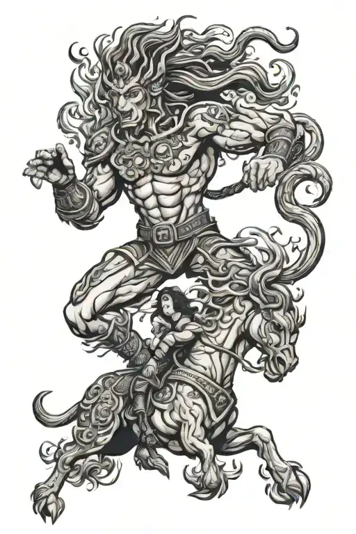 elf centaur firefighter wielding a fire tattoo design idea
