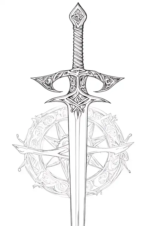 the sword ataraxia from acotar, with sexual assault survivor symbol in hilt tattoo design idea