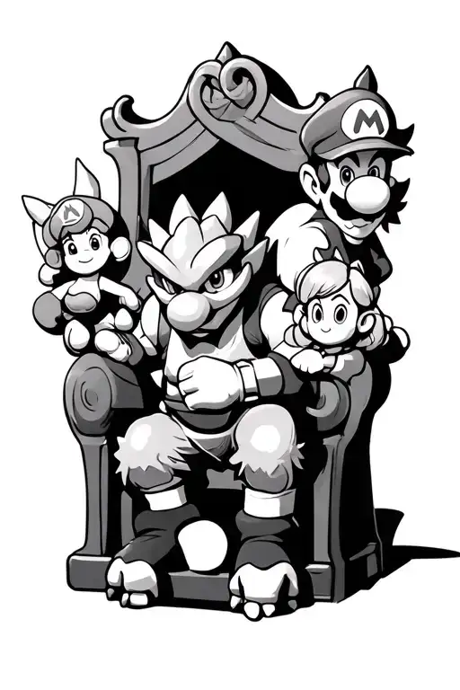 bowser on throne, with mario, luigi, peach, roselina and baby daisy and baby rosalina  tattoo design idea