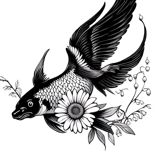 jumping black koi with phoenix wings, upright, bouquet with an aster, a daisy, a lily of the valley, wave tattoo design idea