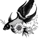 jumping black koi with phoenix wings, upright, bouquet with an aster, a daisy, a lily of the valley, wave tattoo design idea
