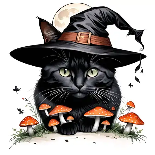 black cat wearing witch hat moon and mushrooms growing tattoo design idea