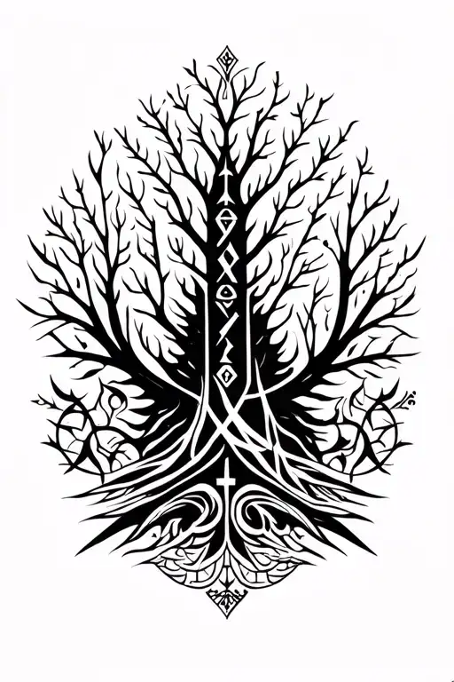 Forest at the bottom of the forearm of the Slavic runes of Svarog and Veles and patterns on the forearm tattoo design idea