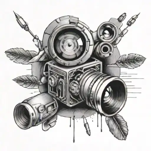 A detailed black and grey tattoo of a camera lens merging with a human brain, symbolizing the connection between photography and psychology tattoo design idea