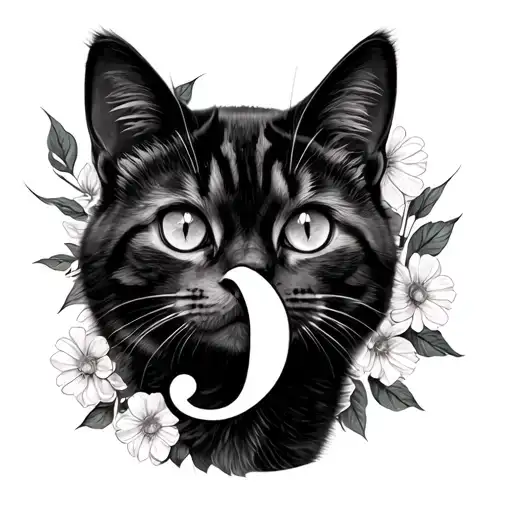 cat with semicolon symbol and flower background  tattoo design idea