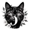 cat with semicolon symbol and flower background  tattoo design idea