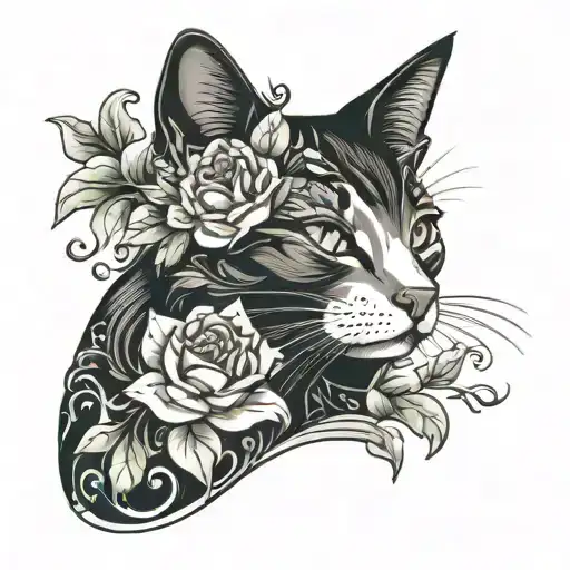 black goddess cat with flowers and green eyes tattoo design idea
