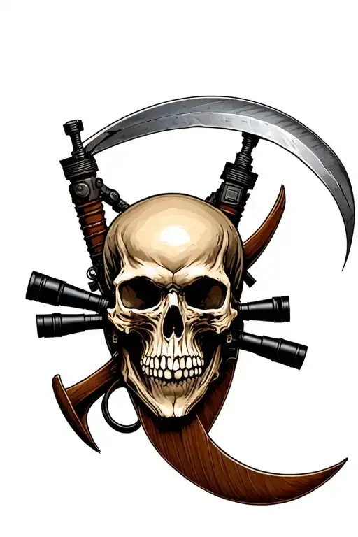 crossed M22 MRAD sniper rifles, skull with scythe through it  tattoo design idea