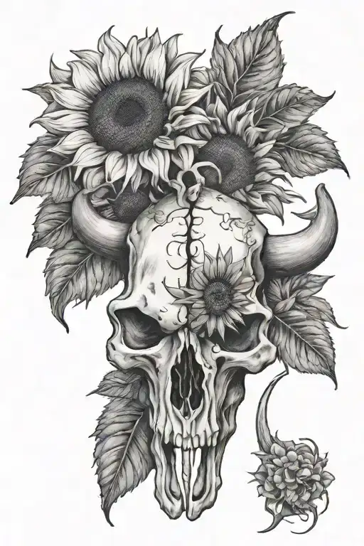 sunflower surrounding cattle skull tattoo design idea