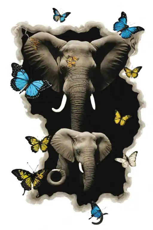 Elephants, Butterflies, Holy Cross combine tattoo design idea
