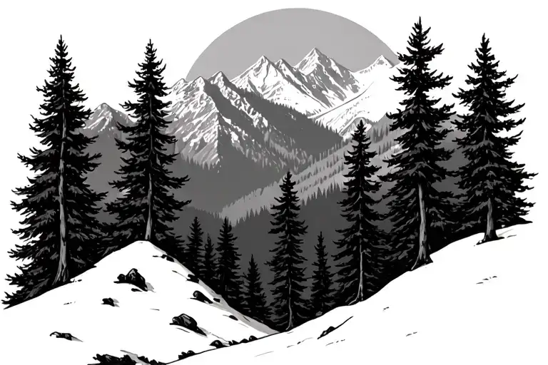 alpine forest landscape with less detail black and white tattoo design idea