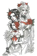 two vampire anime girls in gothic attire with crosses and roses tattoo design idea