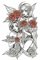 two vampire anime girls in gothic attire with crosses and roses tattoo design idea
