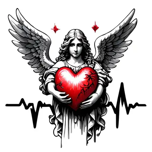 angel holding a heart beat tattoo design idea