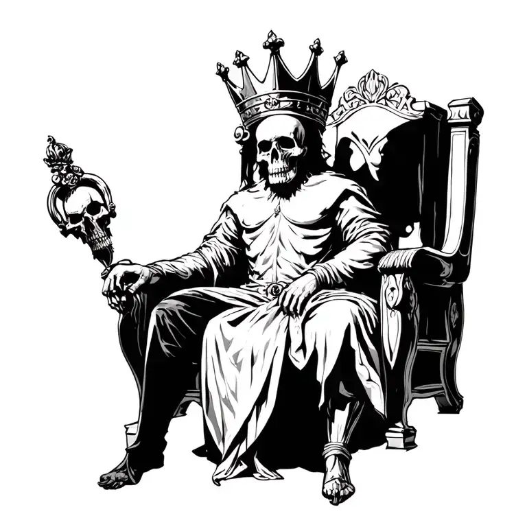 Skull King, sitting ona throne, with sideways crown tattoo design idea
