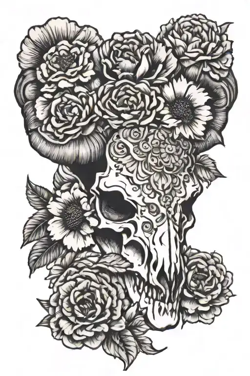 ram skull with marigold and cosmo flowers tattoo design idea