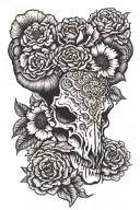 ram skull with marigold and cosmo flowers tattoo design idea