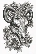ram skull with marigold and cosmo flowers tattoo design idea