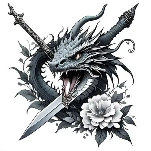 dragon, sword and flowers tattoo design idea