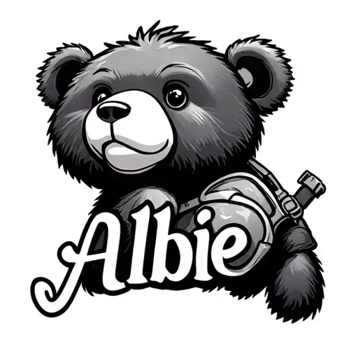 Albie name with a bear with a stoma bag attached to it  tattoo design idea