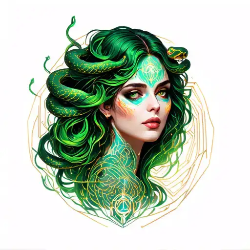 Prett faced lady with green and gold snakes for hair tattoo design idea
