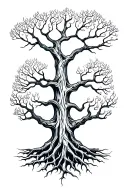 yggdrasil tree with big beautiful branches and interwoven roots on fire tattoo design idea
