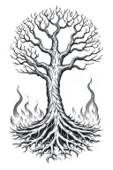 yggdrasil tree with big beautiful branches and interwoven roots on fire tattoo design idea