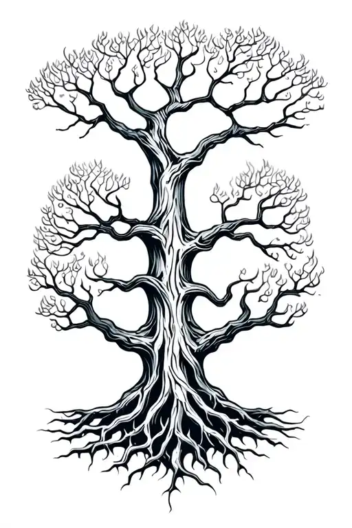 yggdrasil tree with big beautiful branches and interwoven roots on fire tattoo design idea