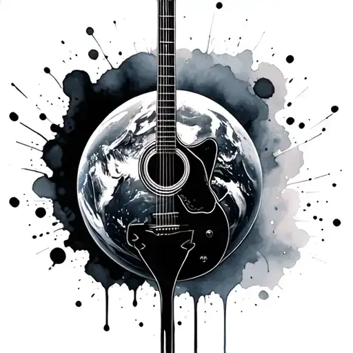 Minimalist Black Ink → Clean, elegant, and symbolic.Watercolor Splash behind the planet or guitar → Adds creativity an tattoo design idea