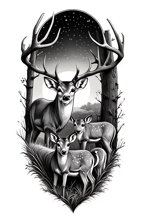 wood scene with a buck doe and 3 fawns  tattoo design idea