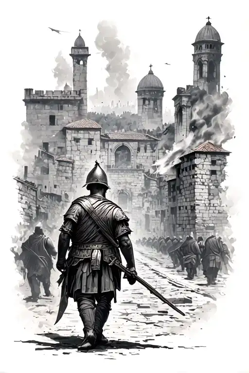 burning roman city with soldier walks away  tattoo design idea
