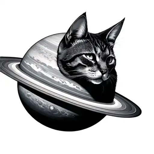 Cat head as a planet with rings entertwined tattoo design idea