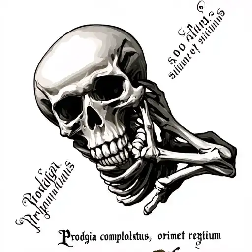 praying skeleton with phrase “Prodigia comploratus silens, oro regnet exitium” tattoo design idea