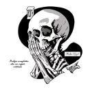 praying skeleton with phrase “Prodigia comploratus silens, oro regnet exitium” tattoo design idea
