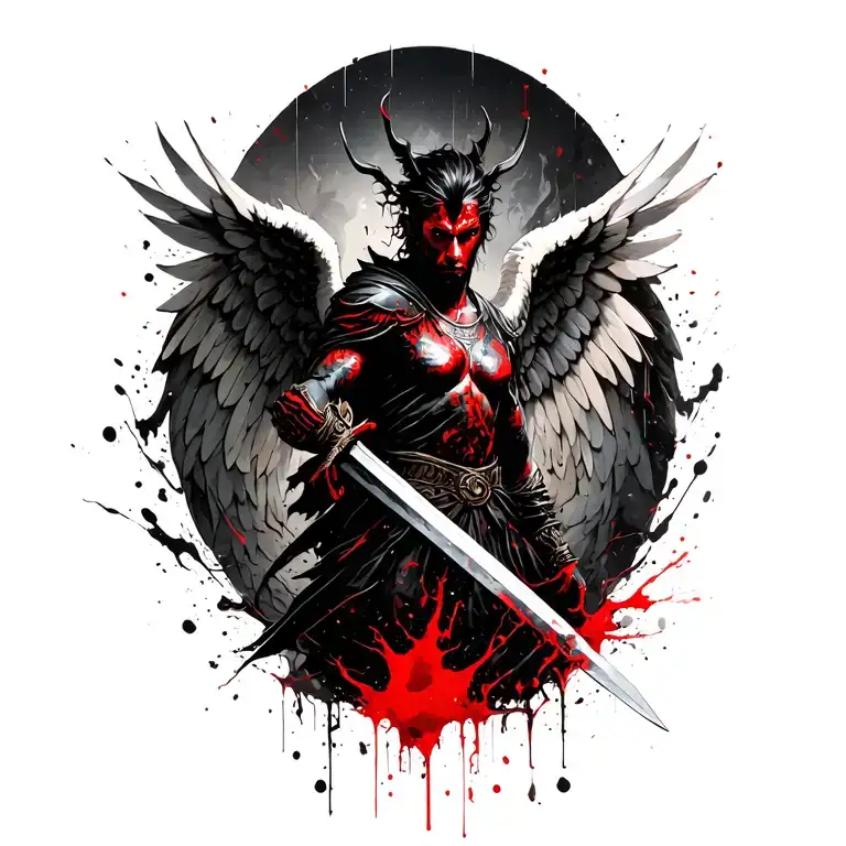 Mythical warrior with angel and demon wings, wielding a sword dynamically shoulder cap  wrap tattoo, flowing into chest. tattoo design idea