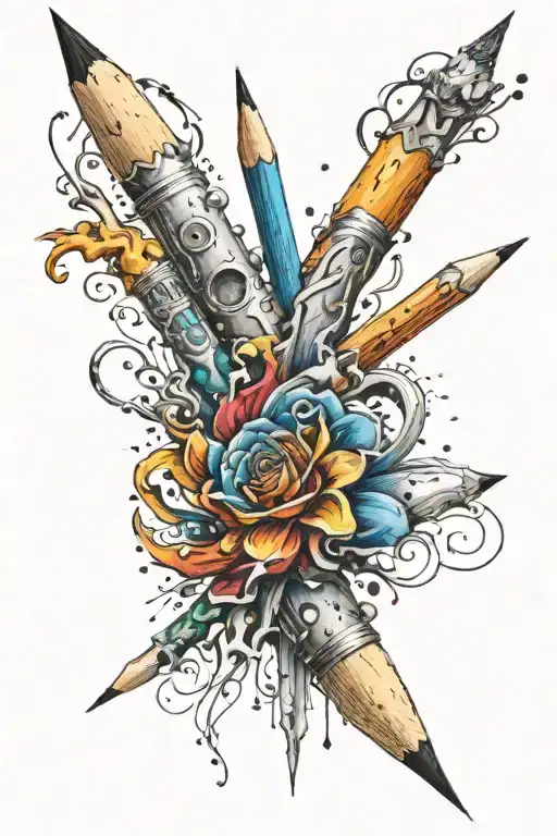 The design features a vibrant pencil, rendered in a photorealistic style, exploding with colour. The pencil is depicted  tattoo design idea