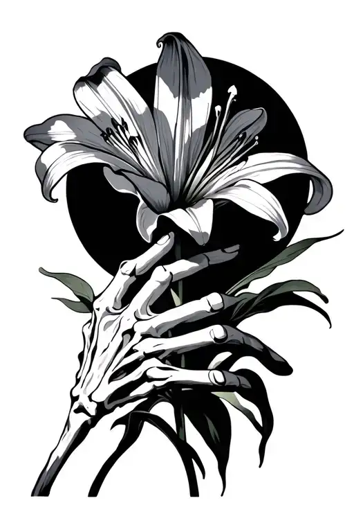bonehand holding a lily flower. tristness about the death of sina 15.04.2025 tattoo design idea