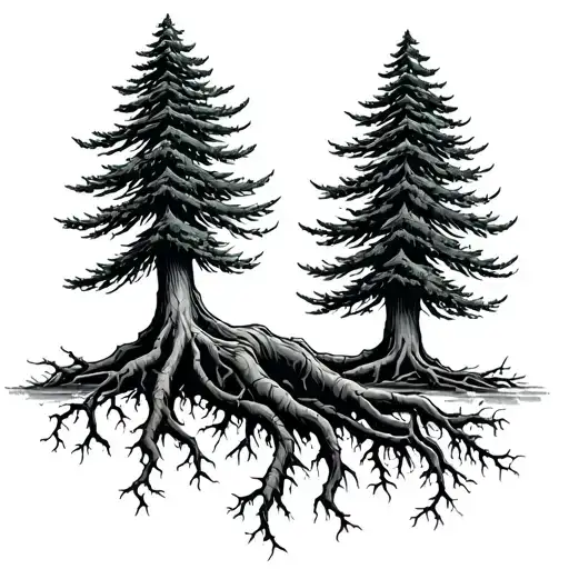 Douglas fir tree with roots reaching deep tattoo design idea