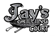 "Jay's Grilling Court" Cartoon style, fancy grill with smoke rising behind the text tattoo design idea