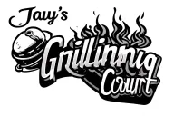 "Jay's Grilling Court" Cartoon style, fancy grill with smoke rising behind the text tattoo design idea