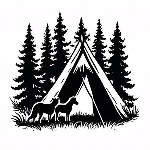 horse and dog next to camp tent in forest tattoo design idea