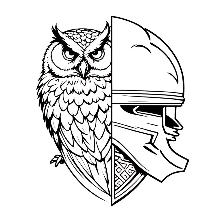 half head owls Grand Duke on the left and a half helmet of a knight on the right tattoo design idea