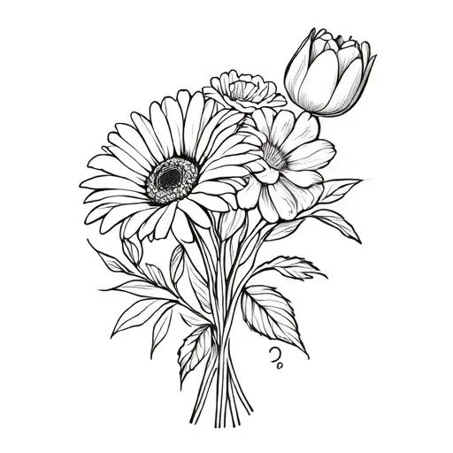 Boquet flowers with tulip and rose and gerbera flower intertwined  tattoo design idea