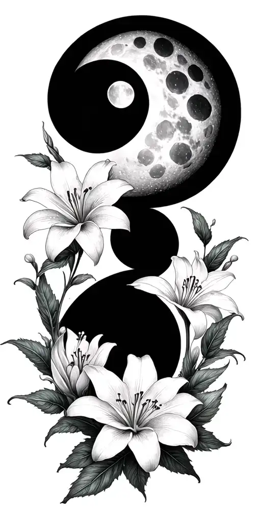 lunar phases, lilly flowers tattoo design idea