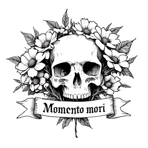 Mouth open skull with withering flowers behind it with the words momento mori written underneath across a banner  tattoo design idea