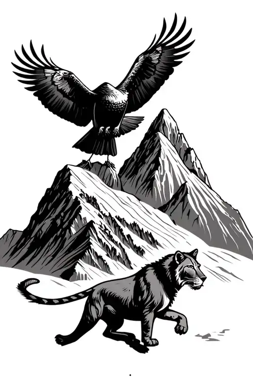 Inca trail winding through a mountain range with a condor perched on a peak and a mountain lion climbing tattoo design idea